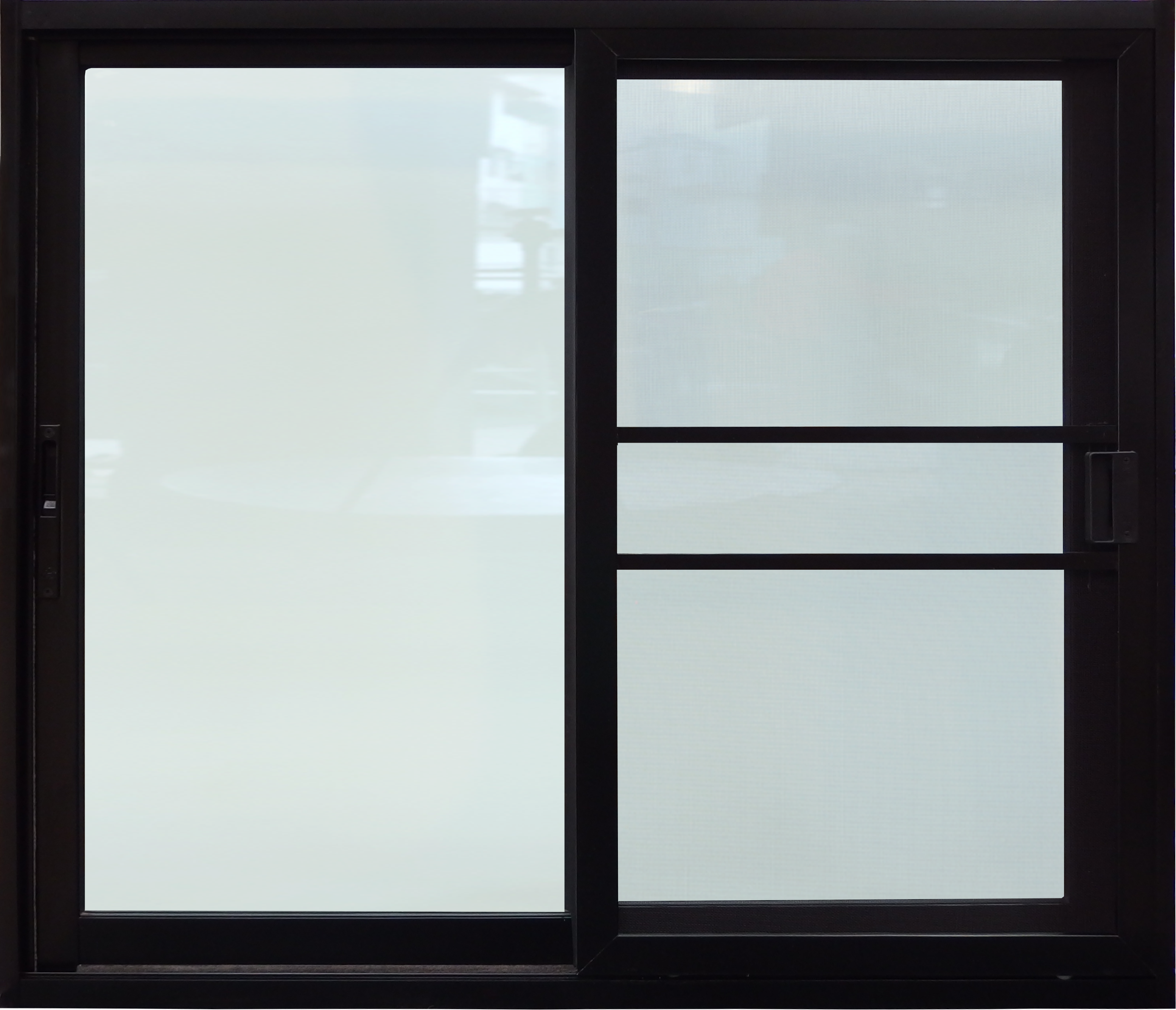 หน้าต่างบานเลื่อน 2 ช่อง อลูมิเนียมสีดำ+กระจกใสเขียว+มุ้ง  120ซม.*110ซม.(ล็อคกลาง)